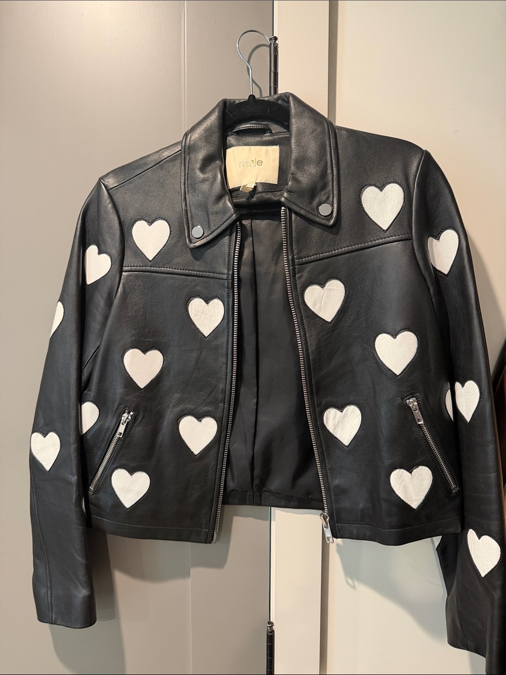 Maje Black Leather Jacket with White Heart Patches